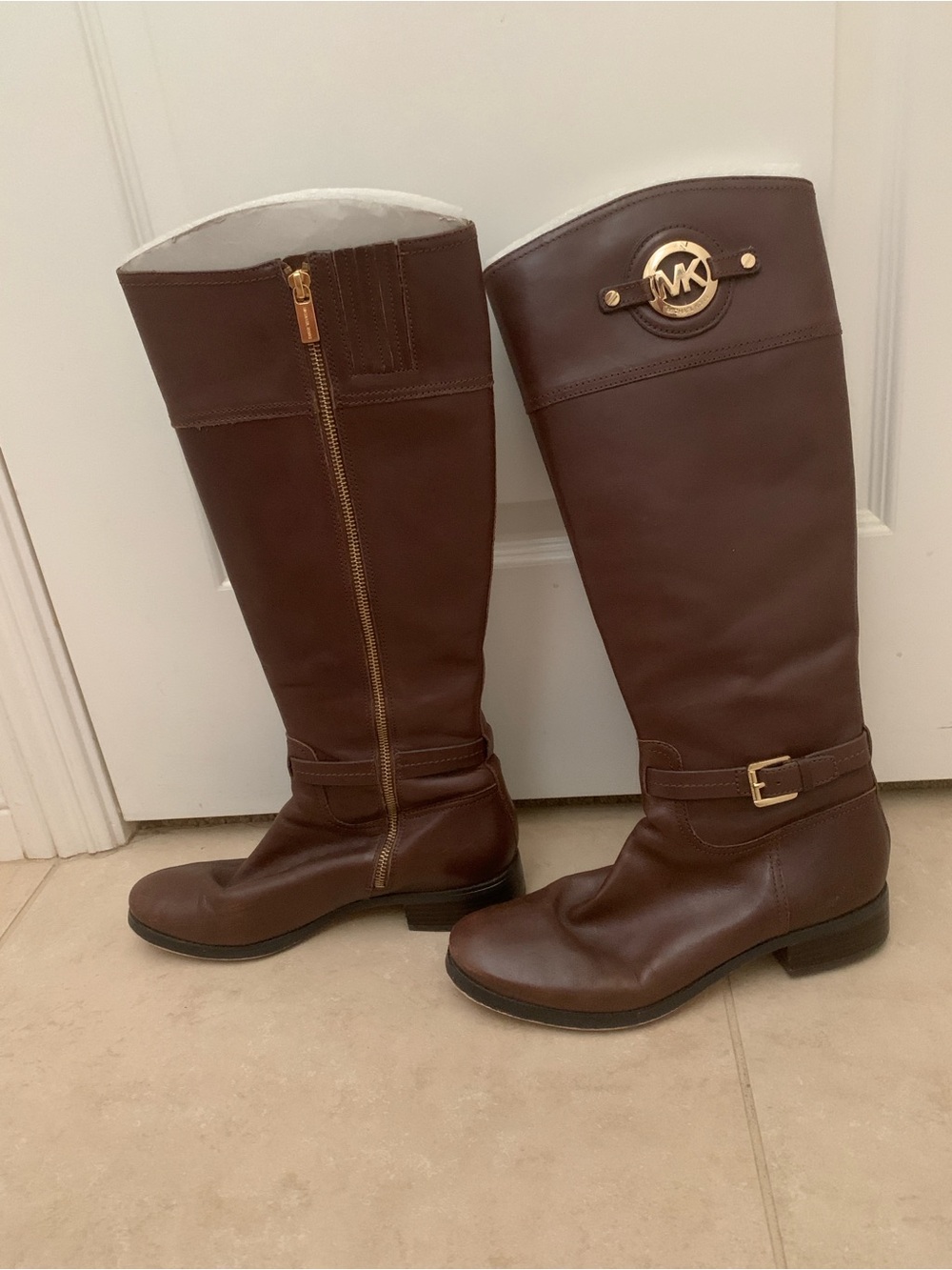 Michael Kors Stockard Brown Leather Tall Riding Boots Gold MK Logo Size 9.5M - Picture 3 of 16